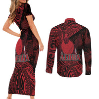 Hawaii King Kamehameha Couples Matching Short Sleeve Bodycon Dress and Long Sleeve Button Shirt With Hawaiian Ipu Motifs Red Version LT05 - Polynesian Pride