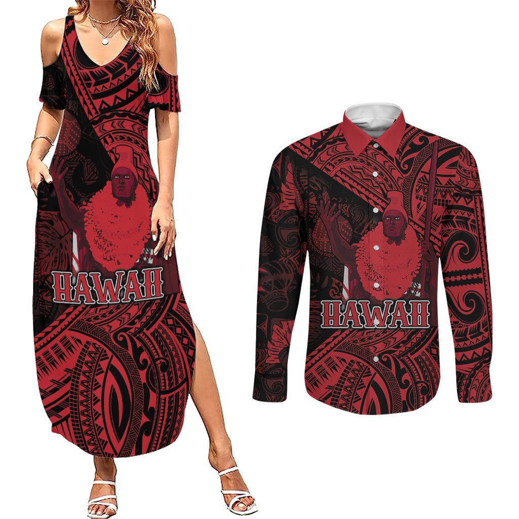 Hawaii King Kamehameha Couples Matching Summer Maxi Dress and Long Sleeve Button Shirt With Hawaiian Ipu Motifs Red Version LT05 Red - Polynesian Pride