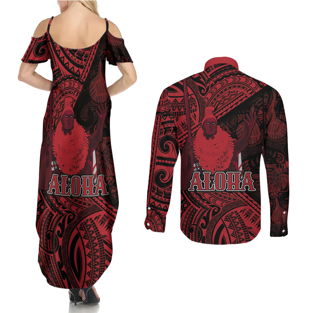 Hawaii King Kamehameha Couples Matching Summer Maxi Dress and Long Sleeve Button Shirt With Hawaiian Ipu Motifs Red Version LT05 - Polynesian Pride