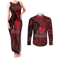 Hawaii King Kamehameha Couples Matching Tank Maxi Dress and Long Sleeve Button Shirt With Hawaiian Ipu Motifs Red Version