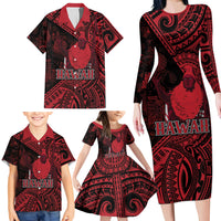 Hawaii King Kamehameha Family Matching Long Sleeve Bodycon Dress and Hawaiian Shirt With Hawaiian Ipu Motifs Red Version