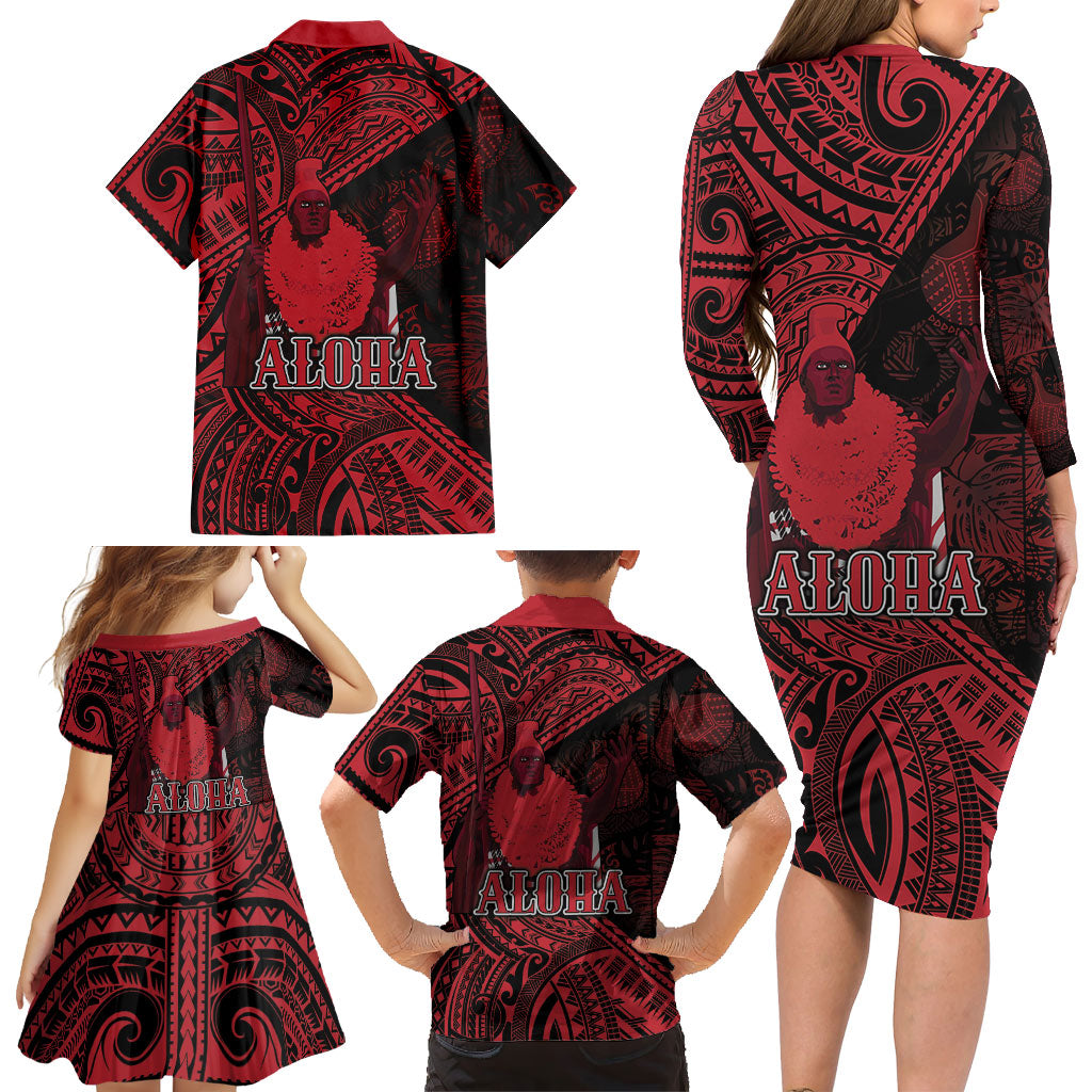 Hawaii King Kamehameha Family Matching Long Sleeve Bodycon Dress and Hawaiian Shirt With Hawaiian Ipu Motifs Red Version