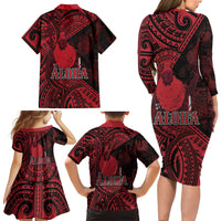 Hawaii King Kamehameha Family Matching Long Sleeve Bodycon Dress and Hawaiian Shirt With Hawaiian Ipu Motifs Red Version