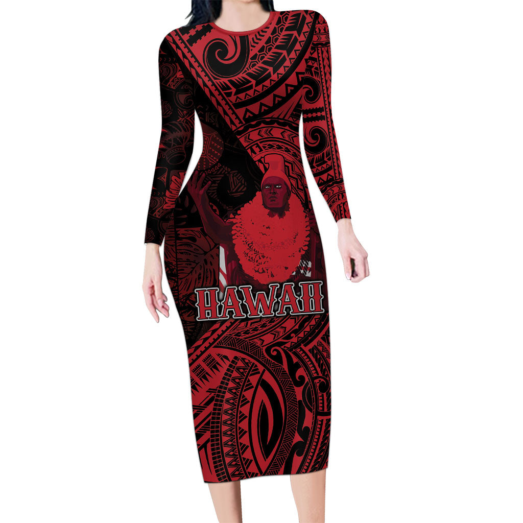 Hawaii King Kamehameha Family Matching Long Sleeve Bodycon Dress and Hawaiian Shirt With Hawaiian Ipu Motifs Red Version