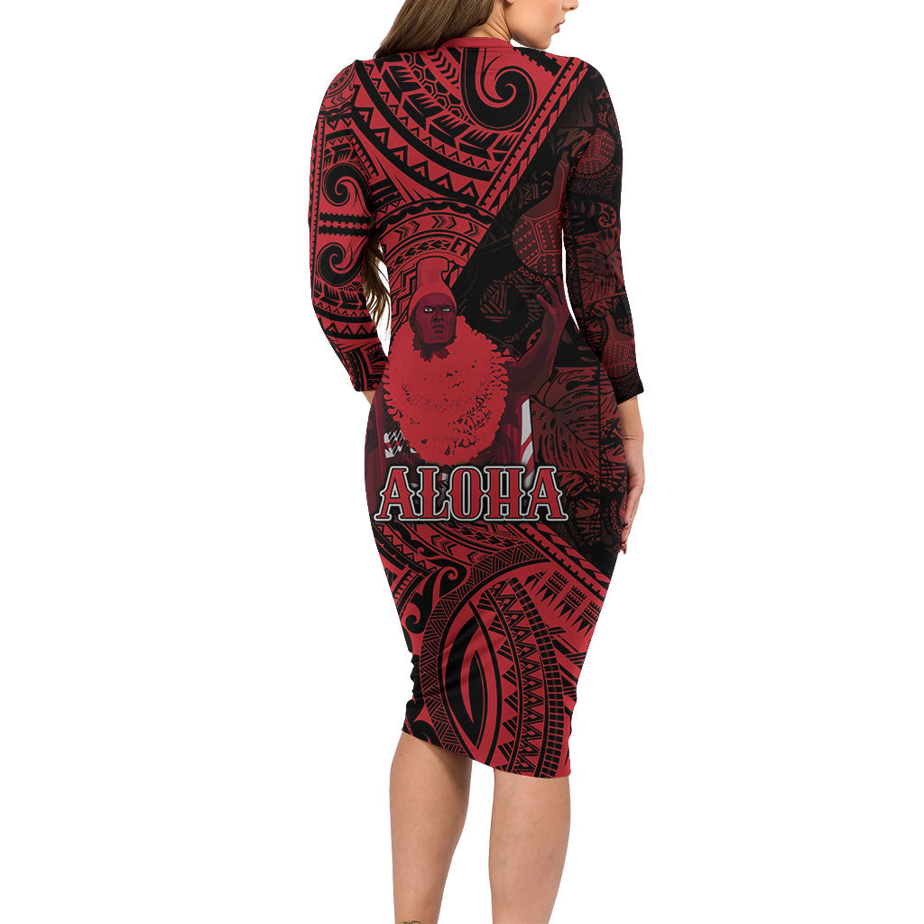 Hawaii King Kamehameha Family Matching Long Sleeve Bodycon Dress and Hawaiian Shirt With Hawaiian Ipu Motifs Red Version