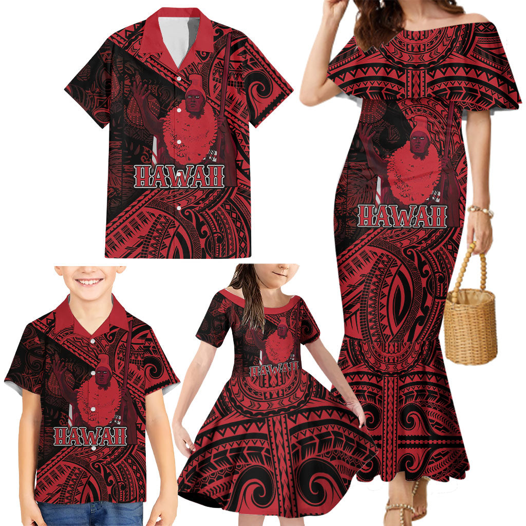 Hawaii King Kamehameha Family Matching Mermaid Dress and Hawaiian Shirt With Hawaiian Ipu Motifs Red Version LT05 - Polynesian Pride