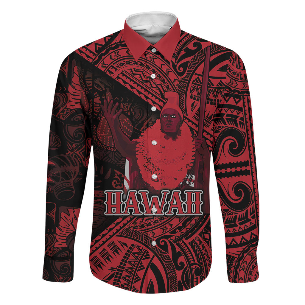 Hawaii King Kamehameha Family Matching Mermaid Dress and Hawaiian Shirt With Hawaiian Ipu Motifs Red Version LT05 Dad's Shirt - Long Sleeve Red - Polynesian Pride