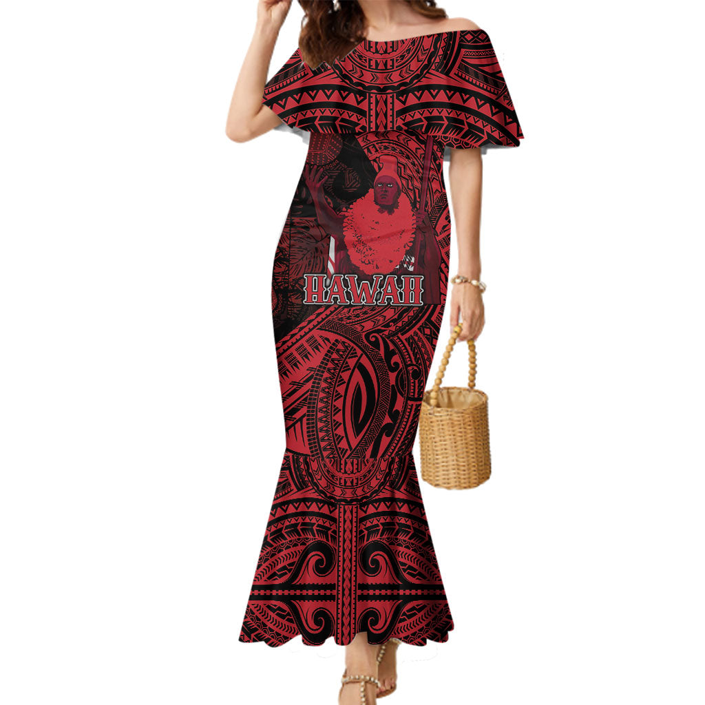 Hawaii King Kamehameha Family Matching Mermaid Dress and Hawaiian Shirt With Hawaiian Ipu Motifs Red Version LT05 Mom's Dress Red - Polynesian Pride