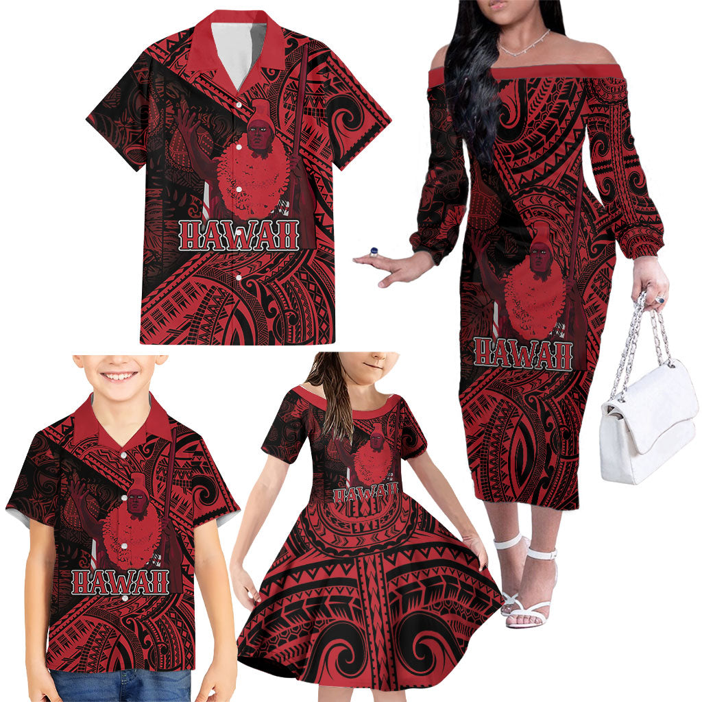 Hawaii King Kamehameha Family Matching Off The Shoulder Long Sleeve Dress and Hawaiian Shirt With Hawaiian Ipu Motifs Red Version
