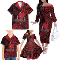 Hawaii King Kamehameha Family Matching Off The Shoulder Long Sleeve Dress and Hawaiian Shirt With Hawaiian Ipu Motifs Red Version