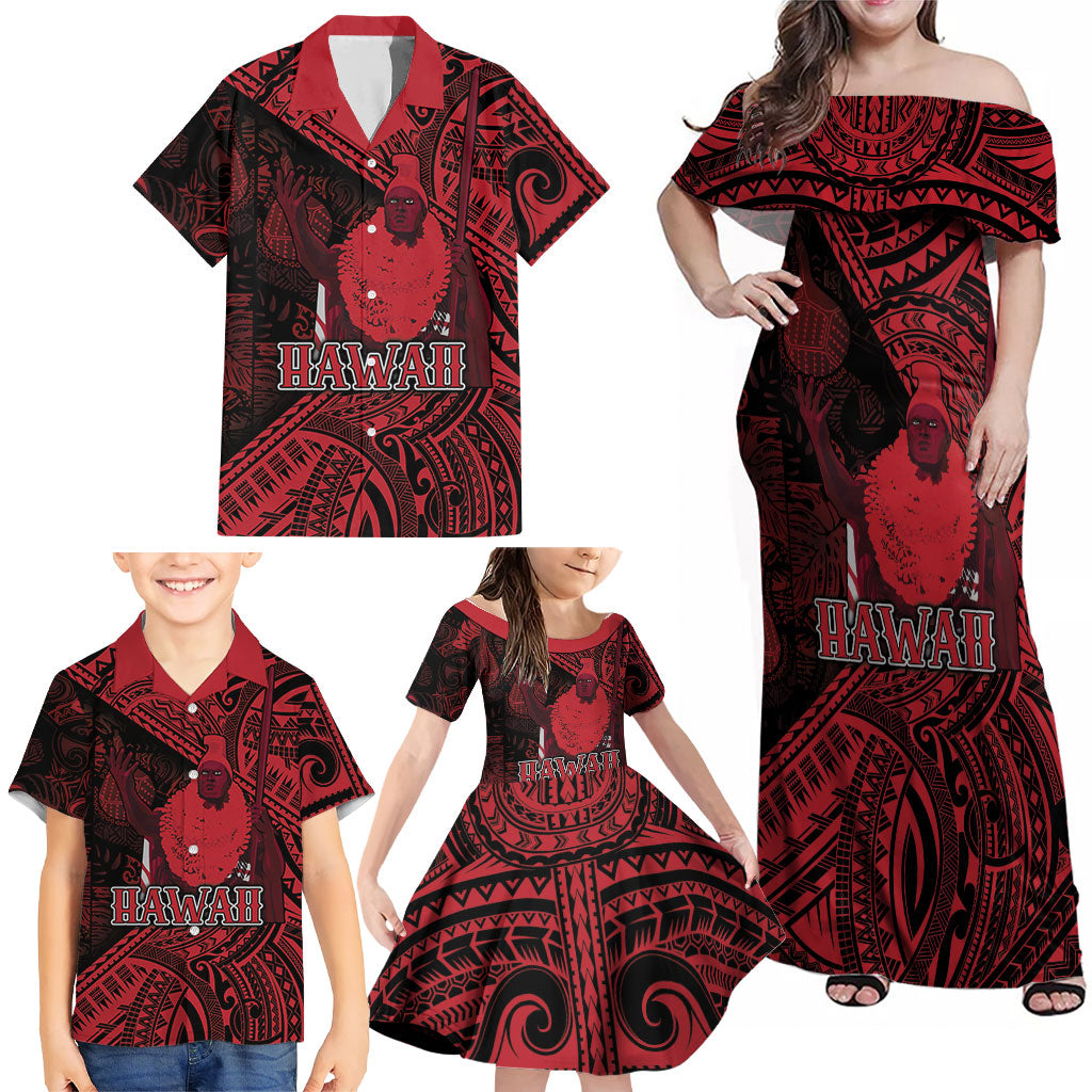 Hawaii King Kamehameha Family Matching Off Shoulder Maxi Dress and Hawaiian Shirt With Hawaiian Ipu Motifs Red Version