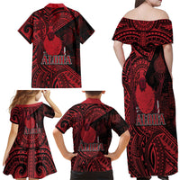 Hawaii King Kamehameha Family Matching Off Shoulder Maxi Dress and Hawaiian Shirt With Hawaiian Ipu Motifs Red Version