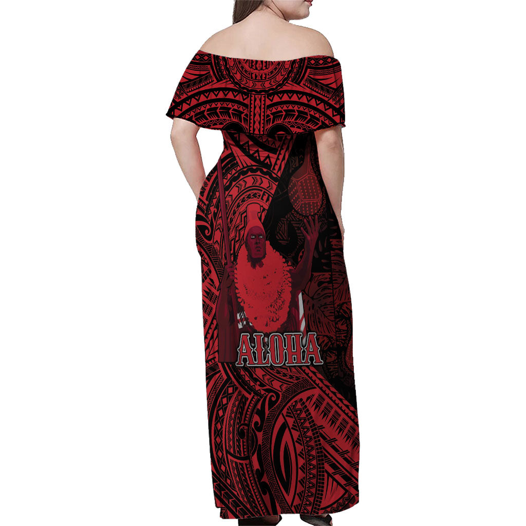 Hawaii King Kamehameha Family Matching Off Shoulder Maxi Dress and Hawaiian Shirt With Hawaiian Ipu Motifs Red Version
