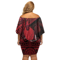Hawaii King Kamehameha Family Matching Off Shoulder Short Dress and Hawaiian Shirt With Hawaiian Ipu Motifs Red Version