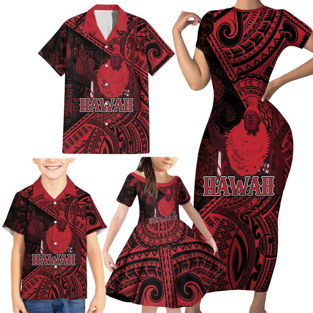 Hawaii King Kamehameha Family Matching Short Sleeve Bodycon Dress and Hawaiian Shirt With Hawaiian Ipu Motifs Red Version