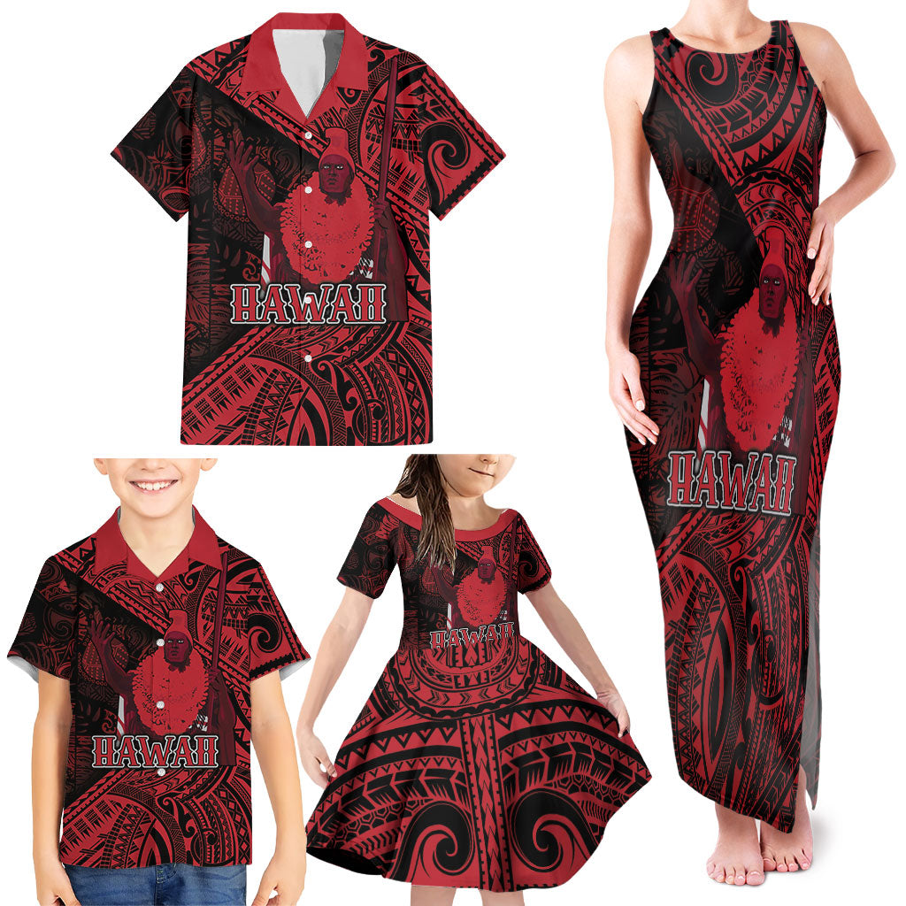 Hawaii King Kamehameha Family Matching Tank Maxi Dress and Hawaiian Shirt With Hawaiian Ipu Motifs Red Version LT05 - Polynesian Pride