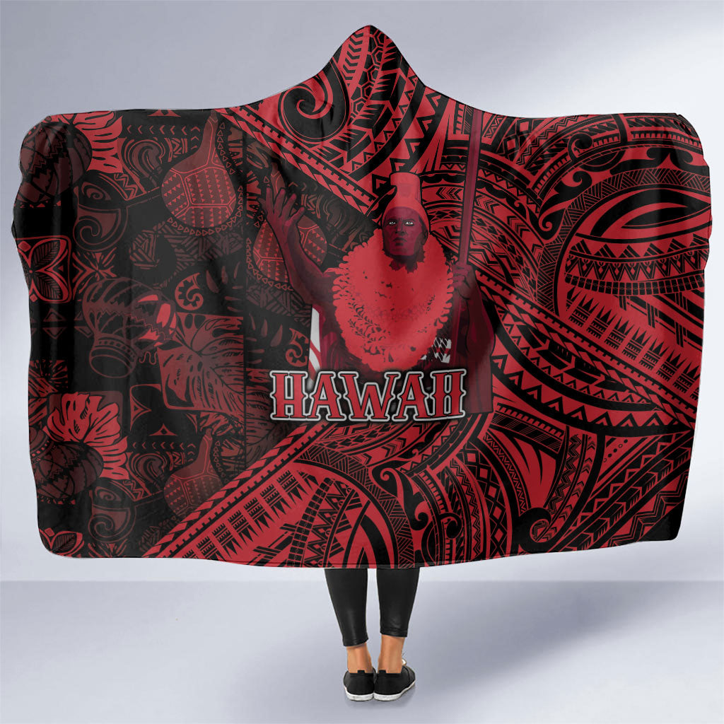 Hawaii King Kamehameha Hooded Blanket With Hawaiian Ipu Motifs Red Version