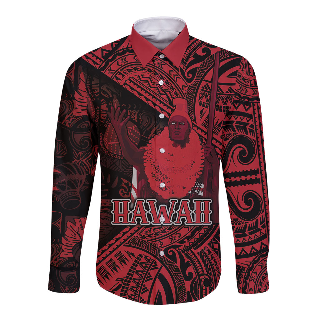 Hawaii King Kamehameha Long Sleeve Button Shirt With Hawaiian Ipu Motifs Red Version