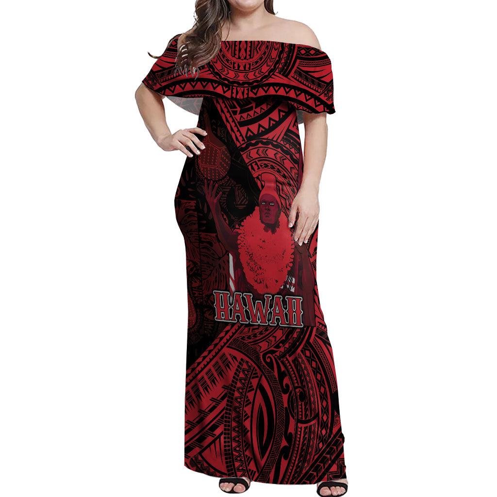 Hawaii King Kamehameha Off Shoulder Maxi Dress With Hawaiian Ipu Motifs Red Version