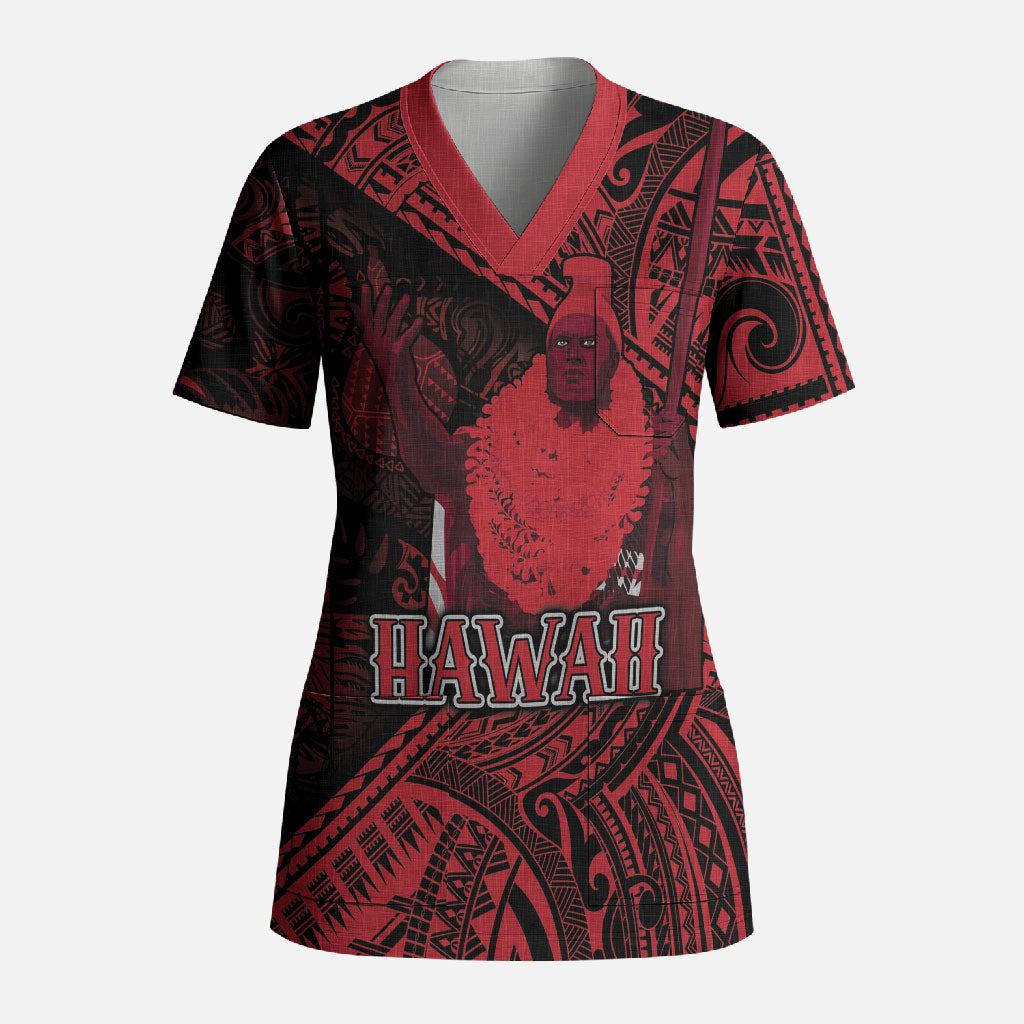 Hawaii King Kamehameha Scrub Top With Hawaiian Ipu Motifs Red Version