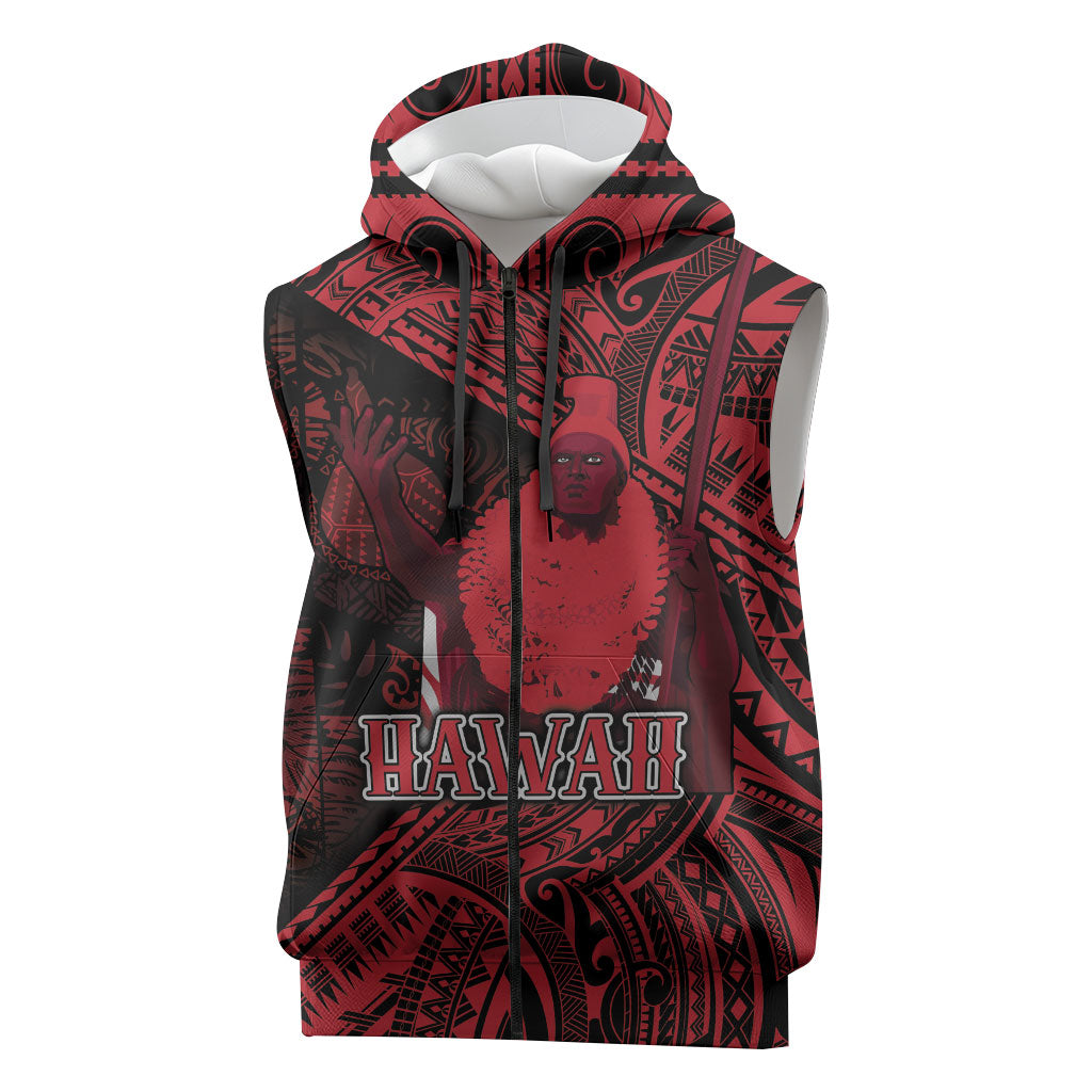 Hawaii King Kamehameha Sleeveless Zip Hoodie With Hawaiian Ipu Motifs Red Version