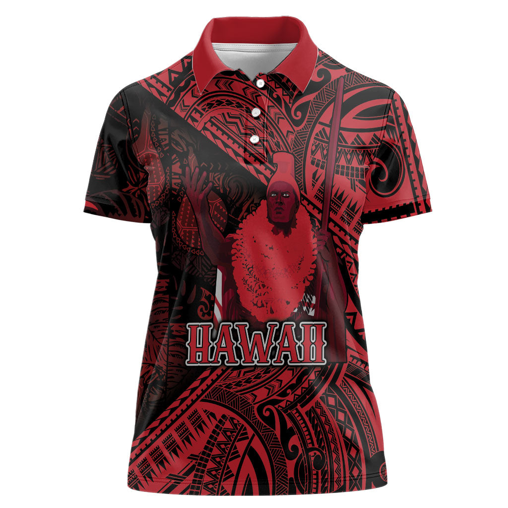 Hawaii King Kamehameha Women Polo Shirt With Hawaiian Ipu Motifs Red Version