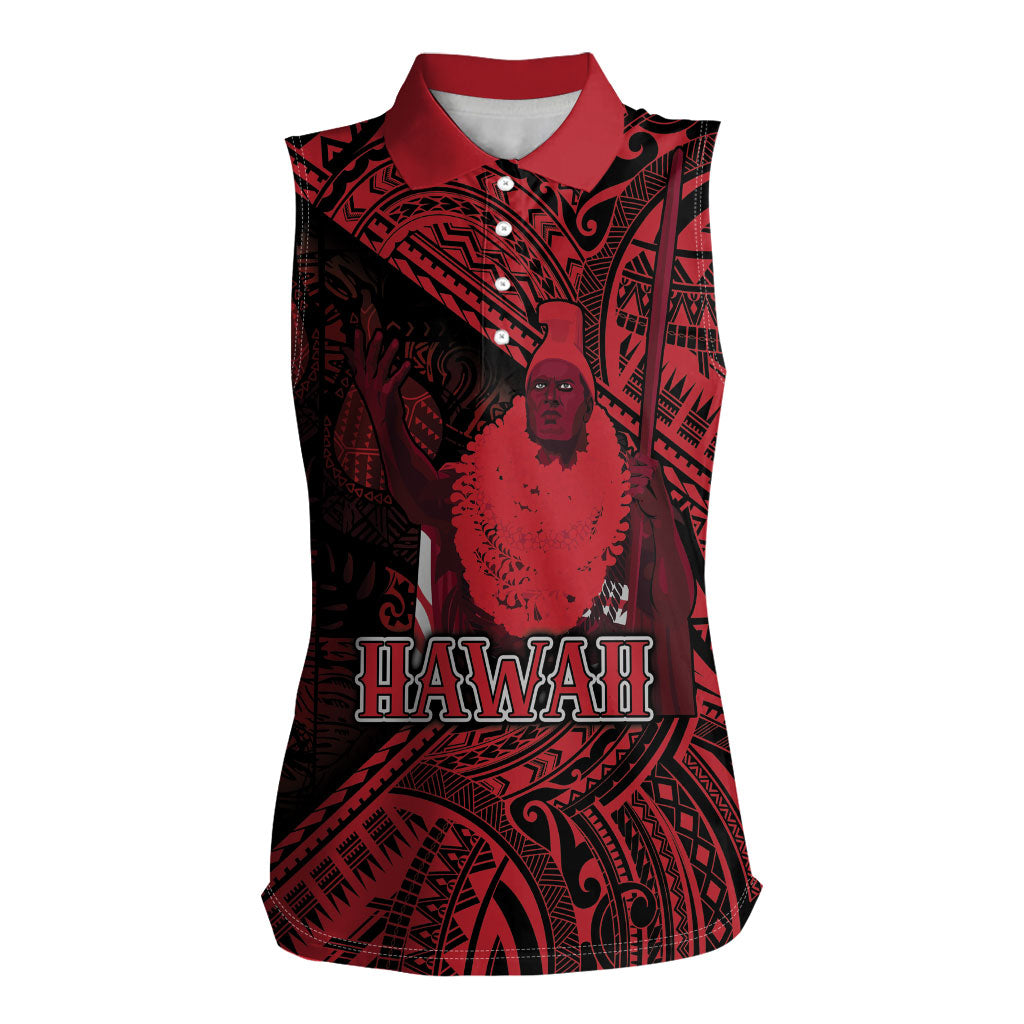 Hawaii King Kamehameha Women Sleeveless Polo Shirt With Hawaiian Ipu Motifs Red Version LT05 Female Red - Polynesian Pride