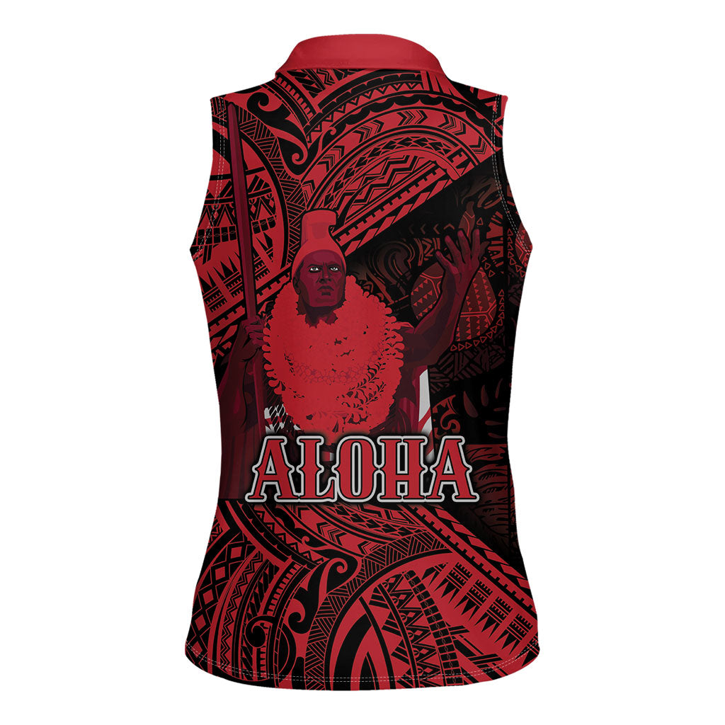 Hawaii King Kamehameha Women Sleeveless Polo Shirt With Hawaiian Ipu Motifs Red Version LT05 - Polynesian Pride