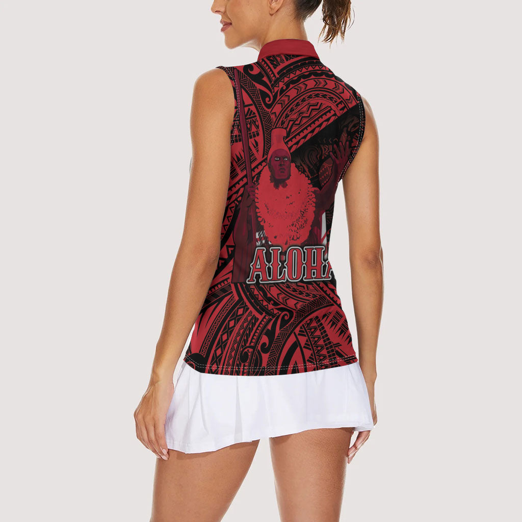 Hawaii King Kamehameha Women Sleeveless Polo Shirt With Hawaiian Ipu Motifs Red Version LT05 - Polynesian Pride