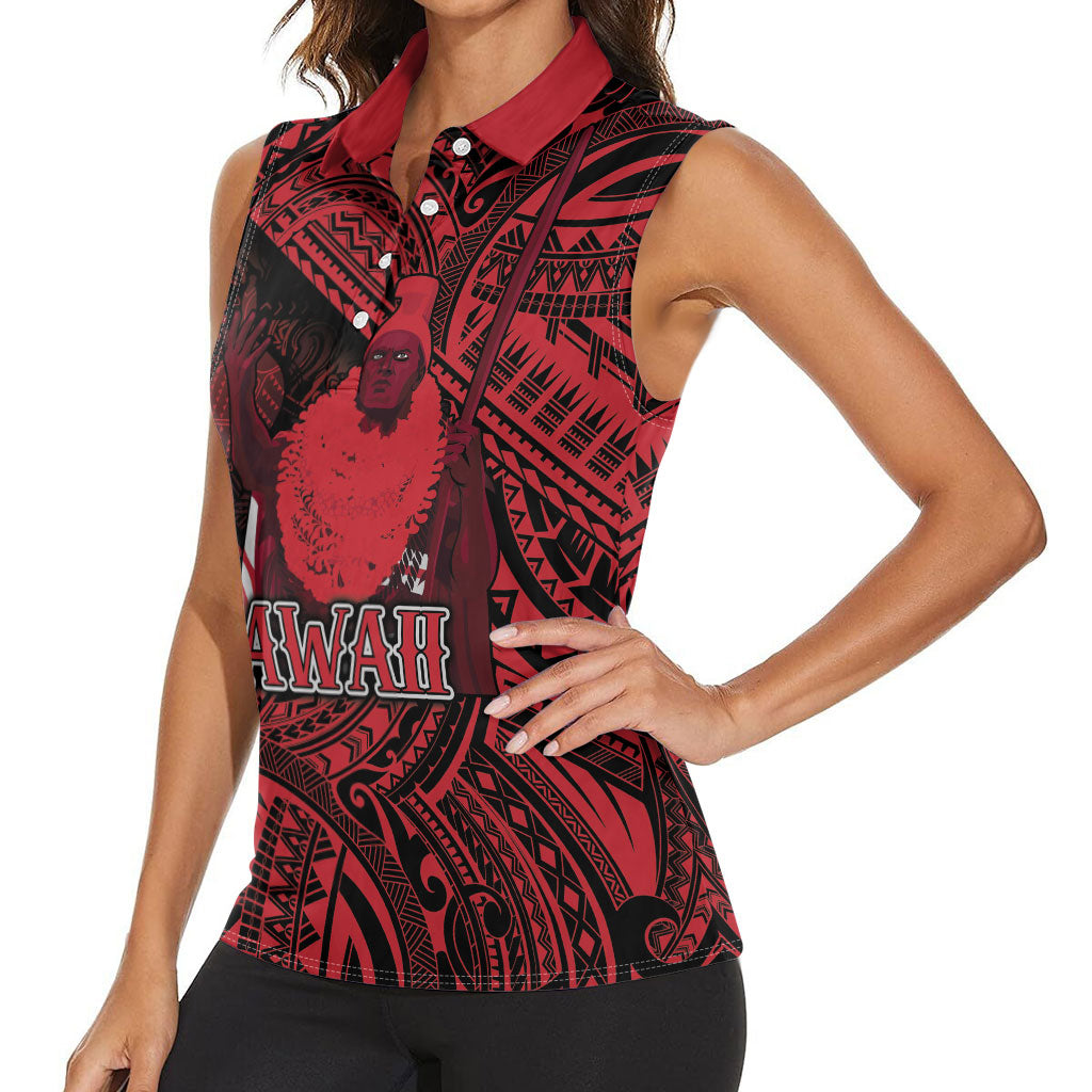 Hawaii King Kamehameha Women Sleeveless Polo Shirt With Hawaiian Ipu Motifs Red Version LT05 - Polynesian Pride
