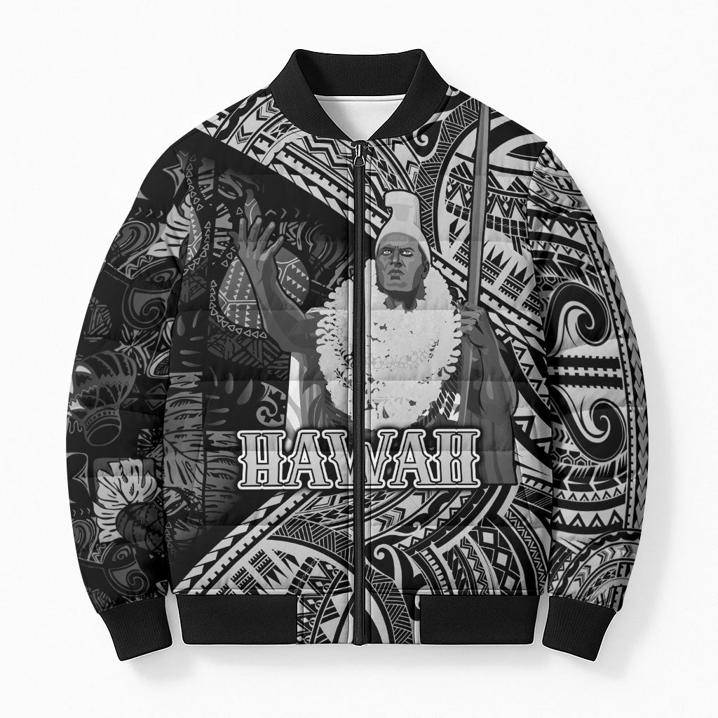 Hawaii King Kamehameha Bomber Puffer Jacket With Hawaiian Ipu Motifs Black Version LT05 Unisex Black - Polynesian Pride