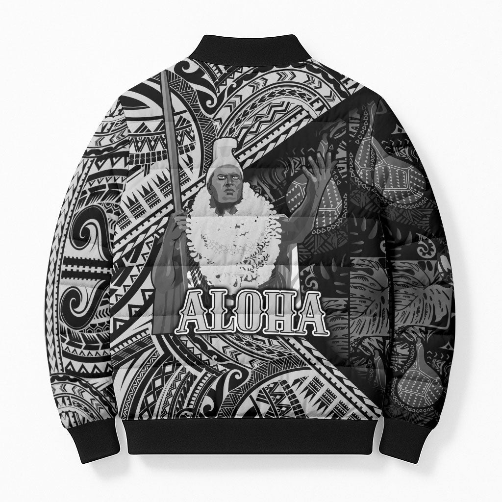 Hawaii King Kamehameha Bomber Puffer Jacket With Hawaiian Ipu Motifs Black Version LT05 - Polynesian Pride