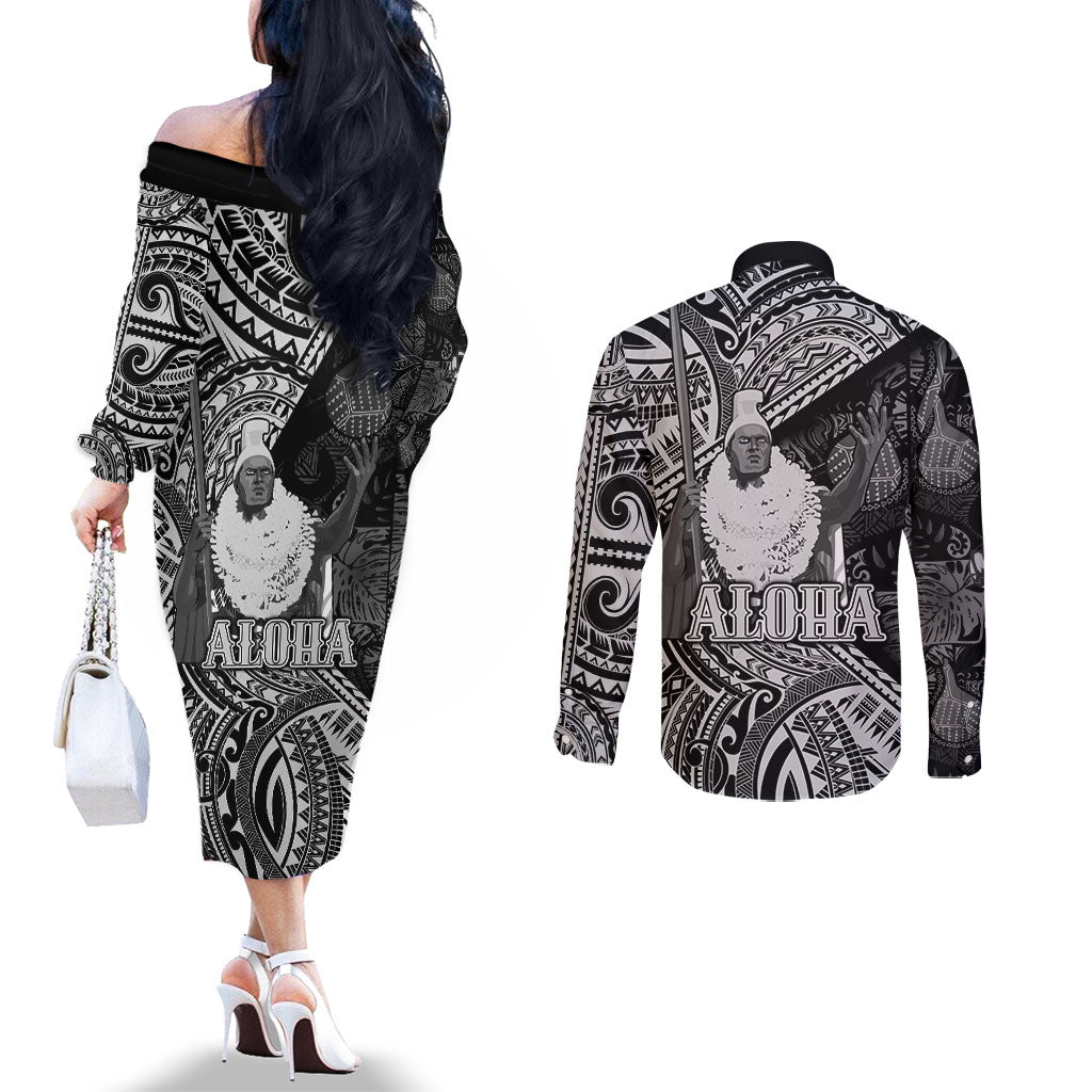 Hawaii King Kamehameha Couples Matching Off The Shoulder Long Sleeve Dress and Long Sleeve Button Shirt With Hawaiian Ipu Motifs Black Version