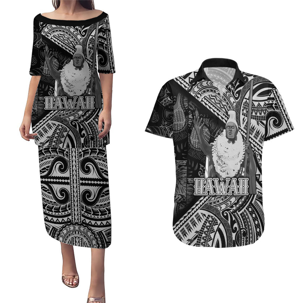 Hawaii King Kamehameha Couples Matching Puletasi and Hawaiian Shirt With Hawaiian Ipu Motifs Black Version LT05 Black - Polynesian Pride