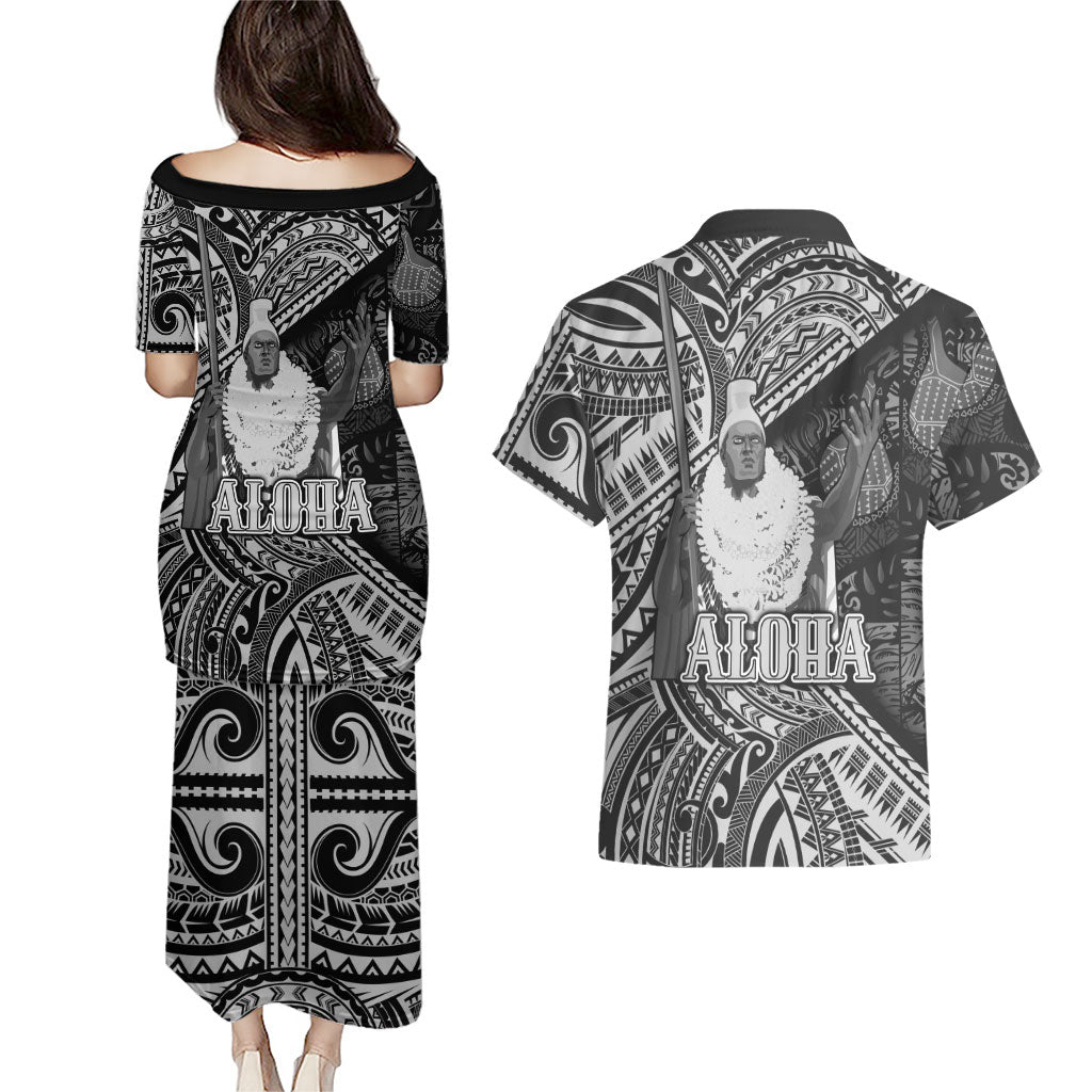 Hawaii King Kamehameha Couples Matching Puletasi and Hawaiian Shirt With Hawaiian Ipu Motifs Black Version LT05 - Polynesian Pride