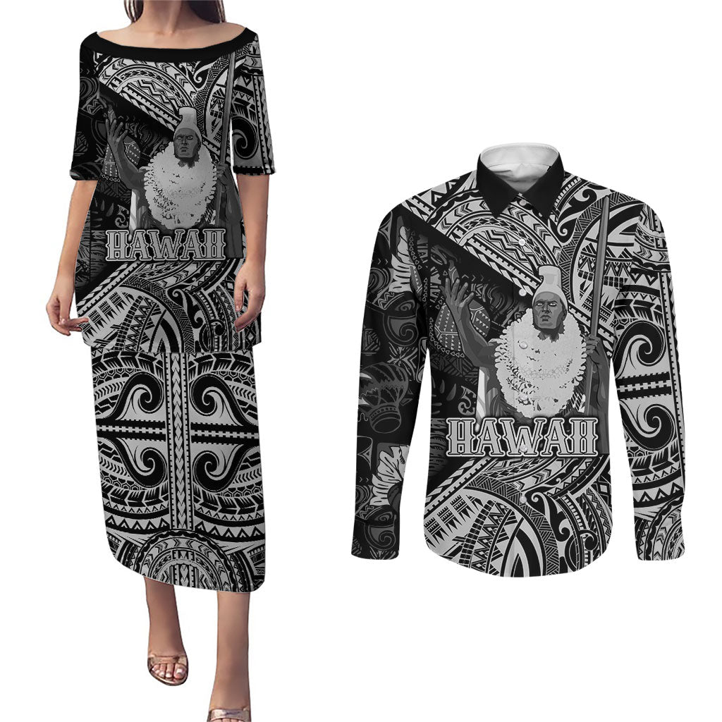 Hawaii King Kamehameha Couples Matching Puletasi and Long Sleeve Button Shirt With Hawaiian Ipu Motifs Black Version