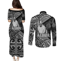 Hawaii King Kamehameha Couples Matching Puletasi and Long Sleeve Button Shirt With Hawaiian Ipu Motifs Black Version