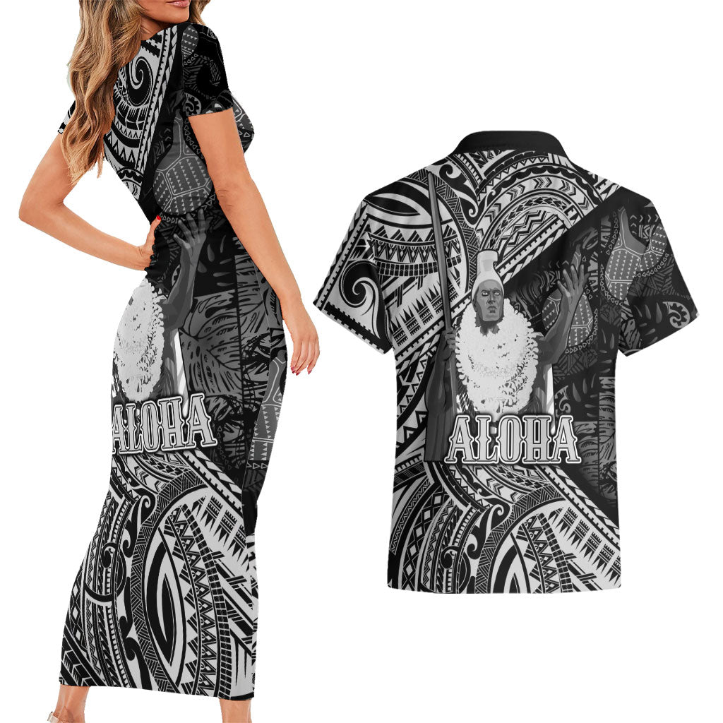 Hawaii King Kamehameha Couples Matching Short Sleeve Bodycon Dress and Hawaiian Shirt With Hawaiian Ipu Motifs Black Version