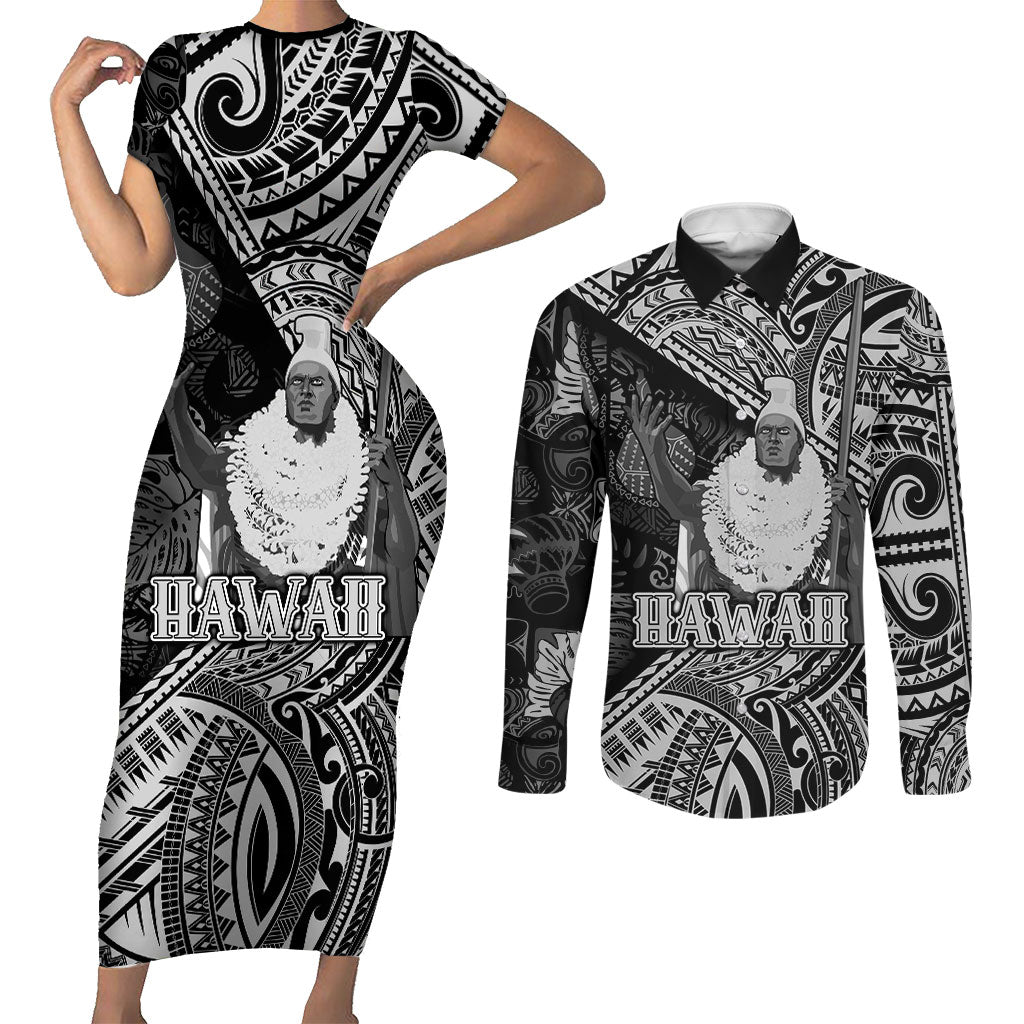 Hawaii King Kamehameha Couples Matching Short Sleeve Bodycon Dress and Long Sleeve Button Shirt With Hawaiian Ipu Motifs Black Version