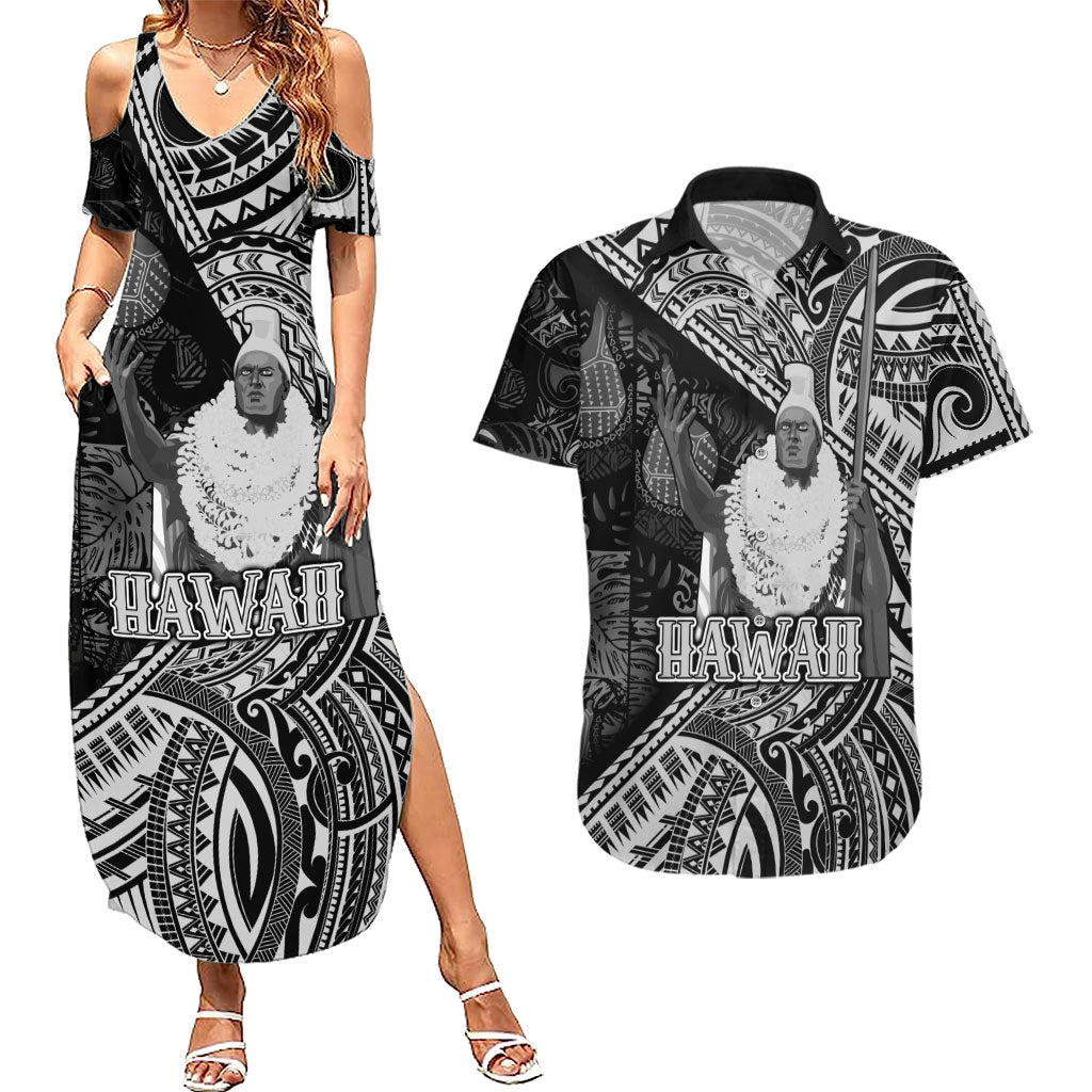 Hawaii King Kamehameha Couples Matching Summer Maxi Dress and Hawaiian Shirt With Hawaiian Ipu Motifs Black Version