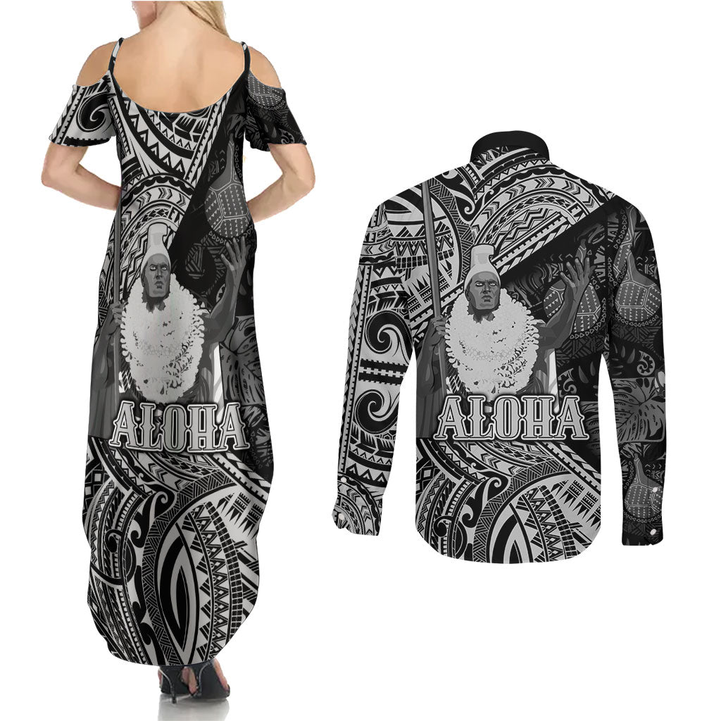 Hawaii King Kamehameha Couples Matching Summer Maxi Dress and Long Sleeve Button Shirt With Hawaiian Ipu Motifs Black Version LT05 - Polynesian Pride