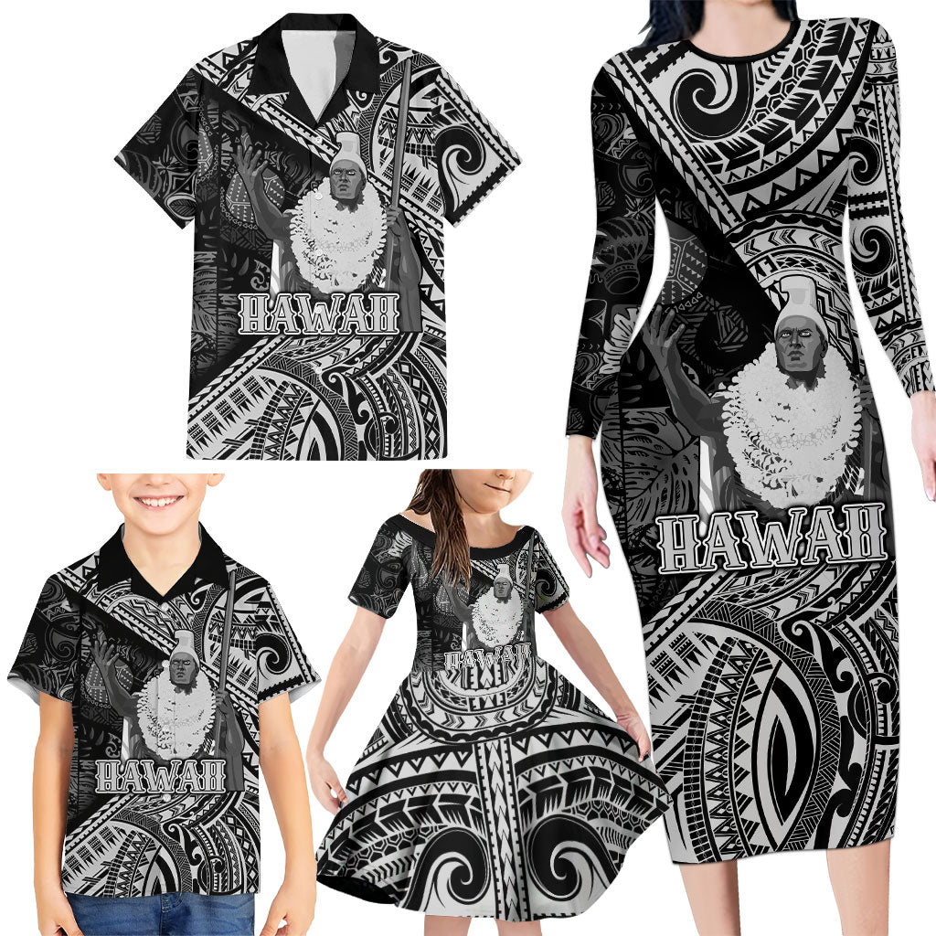Hawaii King Kamehameha Family Matching Long Sleeve Bodycon Dress and Hawaiian Shirt With Hawaiian Ipu Motifs Black Version