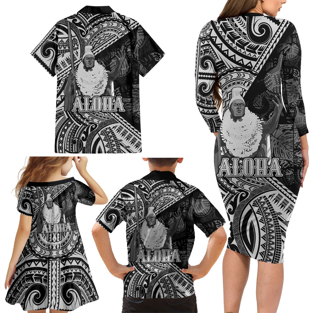 Hawaii King Kamehameha Family Matching Long Sleeve Bodycon Dress and Hawaiian Shirt With Hawaiian Ipu Motifs Black Version