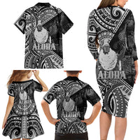 Hawaii King Kamehameha Family Matching Long Sleeve Bodycon Dress and Hawaiian Shirt With Hawaiian Ipu Motifs Black Version