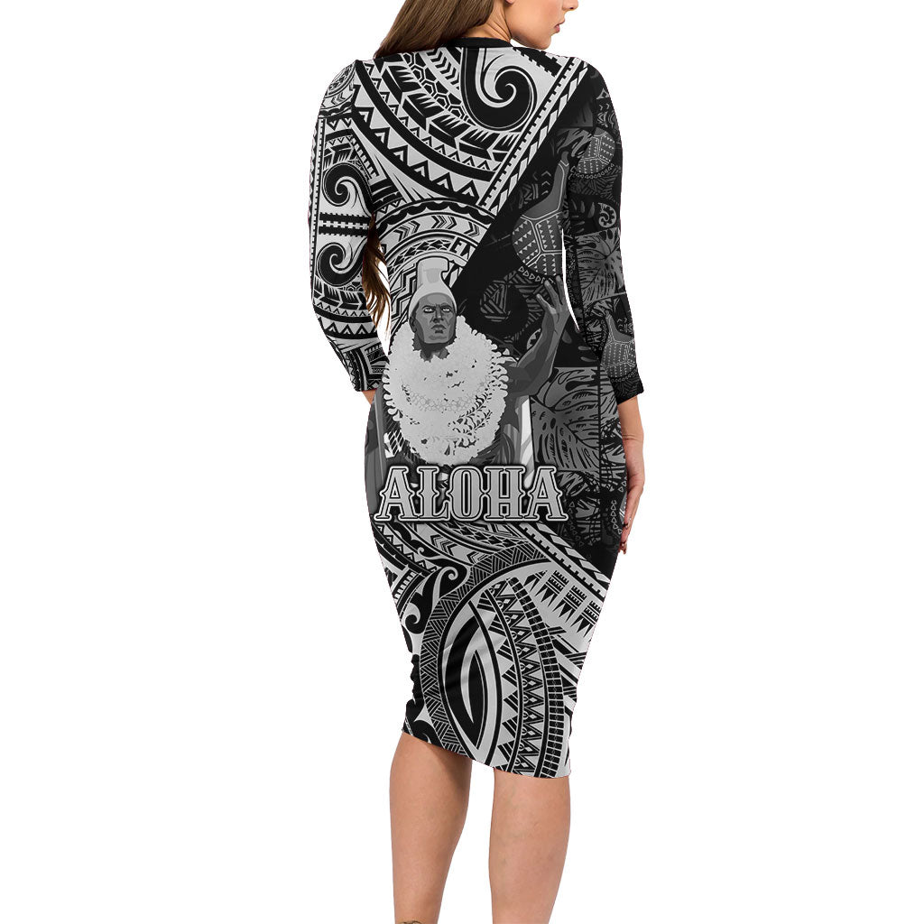 Hawaii King Kamehameha Family Matching Long Sleeve Bodycon Dress and Hawaiian Shirt With Hawaiian Ipu Motifs Black Version