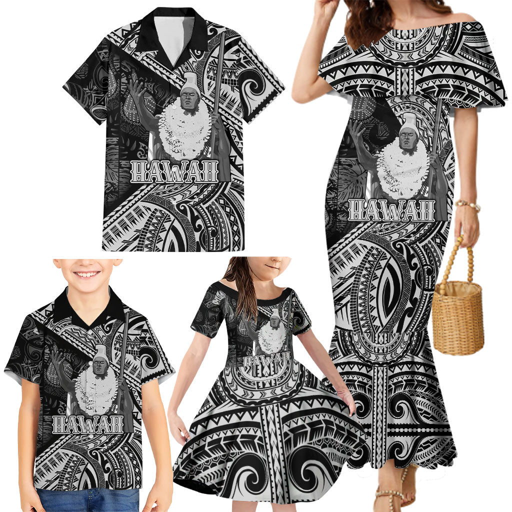 Hawaii King Kamehameha Family Matching Mermaid Dress and Hawaiian Shirt With Hawaiian Ipu Motifs Black Version