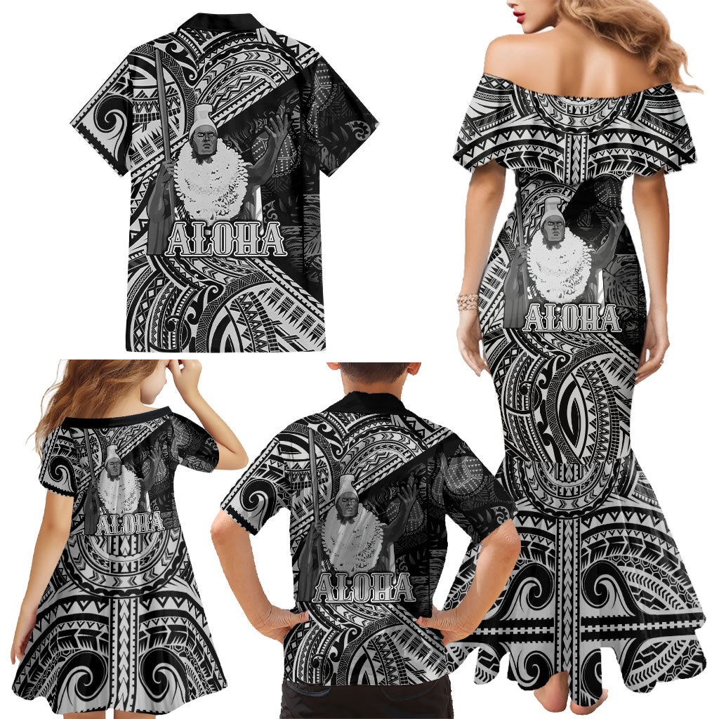 Hawaii King Kamehameha Family Matching Mermaid Dress and Hawaiian Shirt With Hawaiian Ipu Motifs Black Version