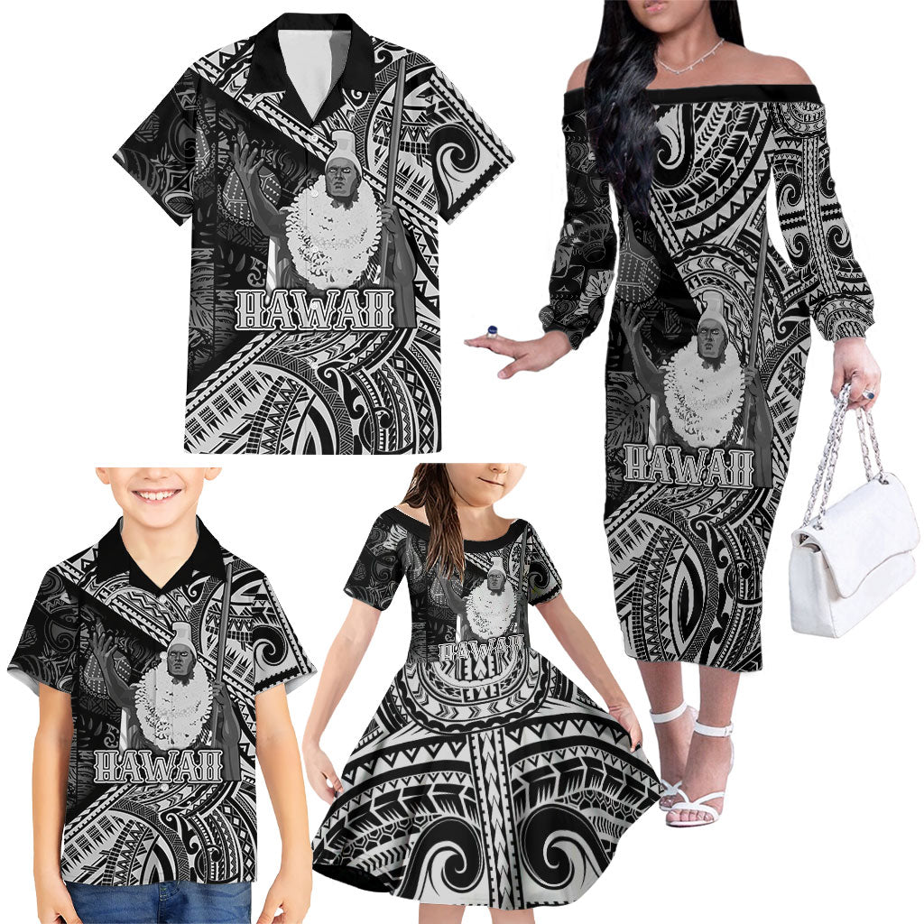 Hawaii King Kamehameha Family Matching Off The Shoulder Long Sleeve Dress and Hawaiian Shirt With Hawaiian Ipu Motifs Black Version
