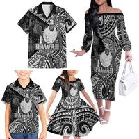 Hawaii King Kamehameha Family Matching Off The Shoulder Long Sleeve Dress and Hawaiian Shirt With Hawaiian Ipu Motifs Black Version