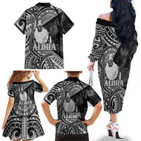 Hawaii King Kamehameha Family Matching Off The Shoulder Long Sleeve Dress and Hawaiian Shirt With Hawaiian Ipu Motifs Black Version